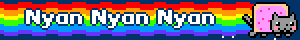 A nyan cat running blinkie that says inside of the rainbow trail 'Nyan Nyan Nyan'
